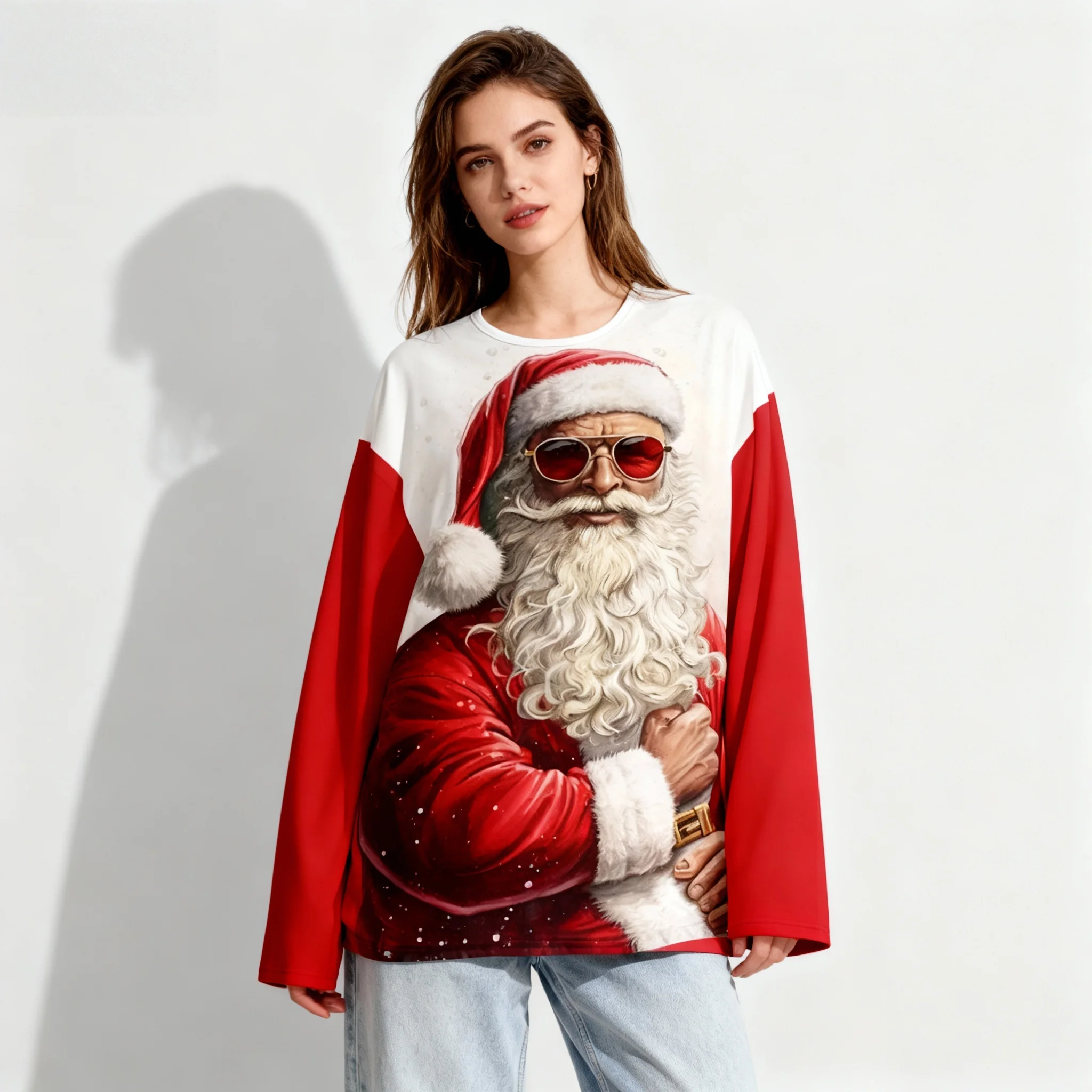 Spring and Autumn Hot Christmas Long Sleeved T-shirt 3D Round Neck Women's Adult Oversized Street Casual Daily Clothing