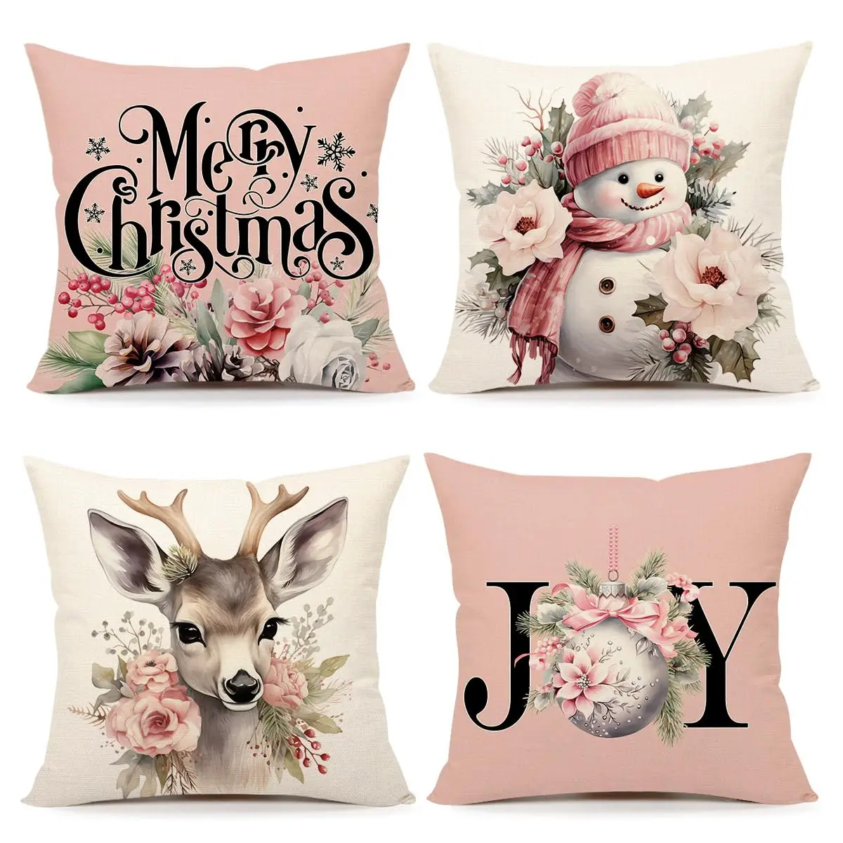 

Christmas Pillow Covers Set of 4 Farmhouse Xmas Snowman Deer Joy Floral Merry Winter Holiday Decor Throw Cushion Case for Couch