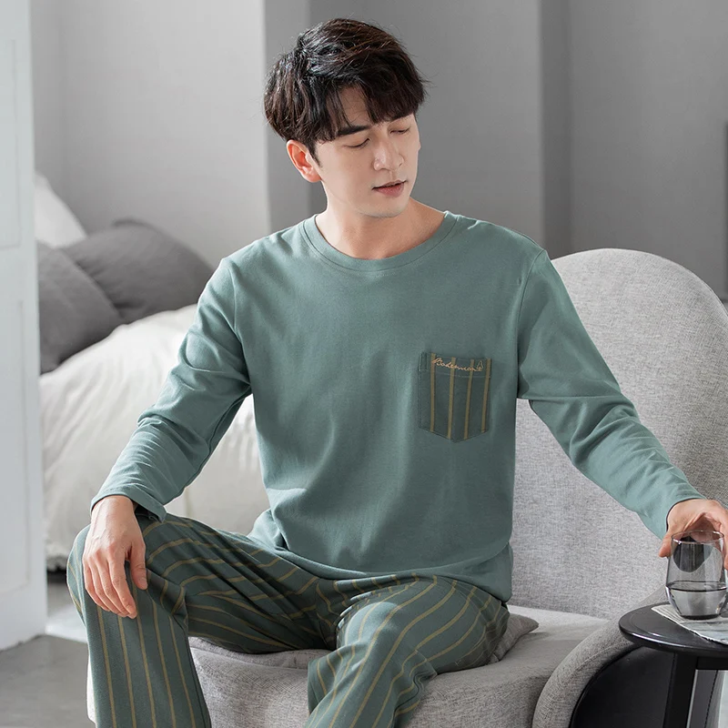 L-3XL men\'s long sleeved pajamas pure cotton round neck pullover men\'s pajamas for casual wear