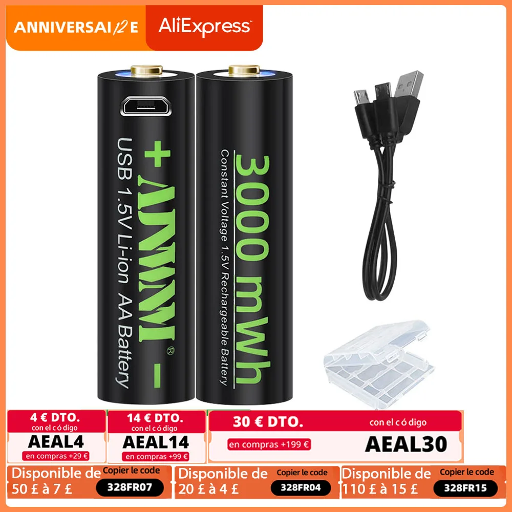 AJNWNM 1.5V AA Rechargeable Lithium Battery 3000mWh USB Battery AA for Flashlight