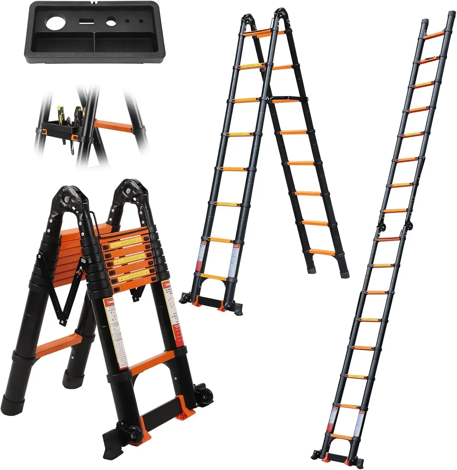 Telescoping A Frame Ladder with Tool Platform and Stabilizer Bar, Upgrade Strengthened Joints Aluminum Telescopic Ladders with W