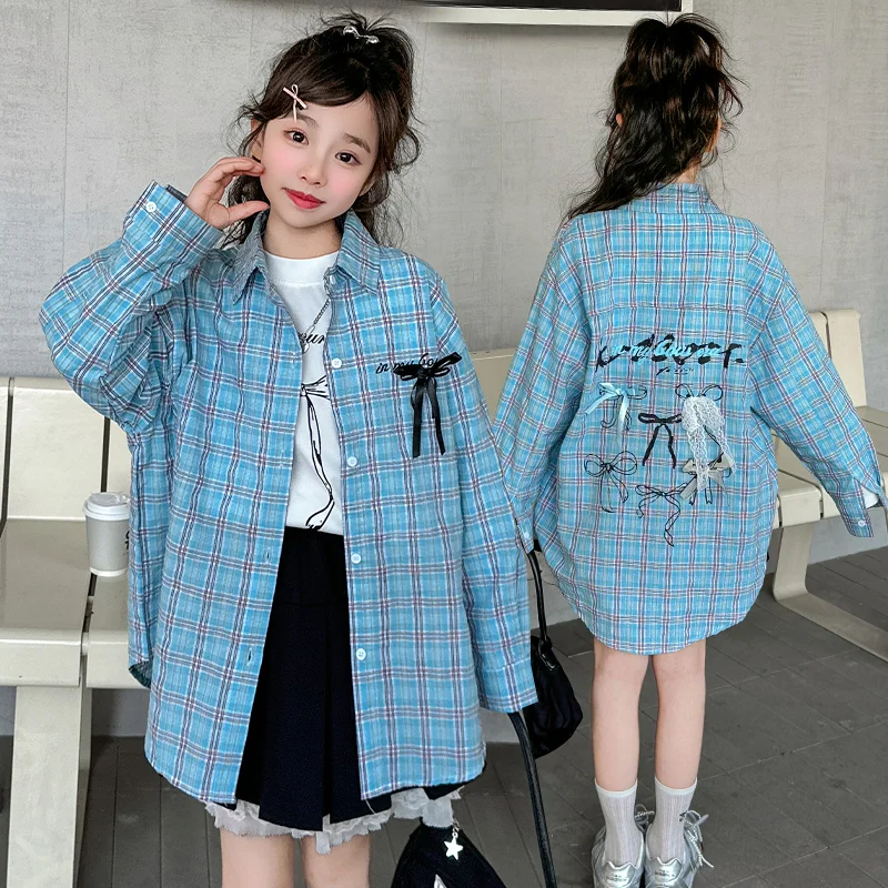 

New Autumn Children Blue Plaid Shirts With Bow for Teen Girls Casual Long Sleeve Blouse Kids Cotton Spring Clothes 5 To 14 Years