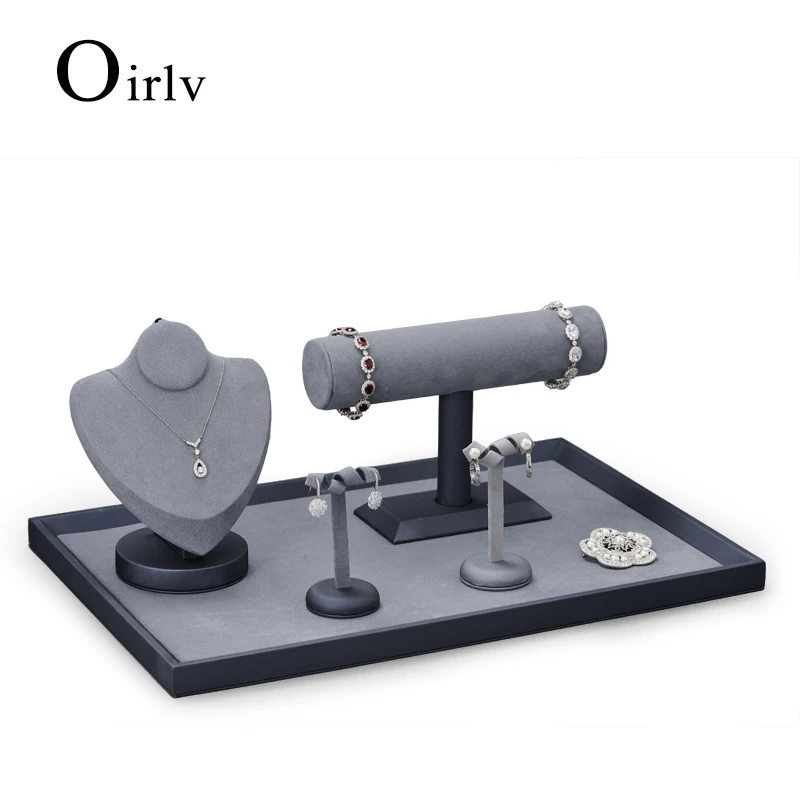 Oirlv Jewelry Display Stand Grey PU Leather Jewelry Stand Holder for Ring Earrings Watch Bracelet Necklace Jewelry Holder Stand