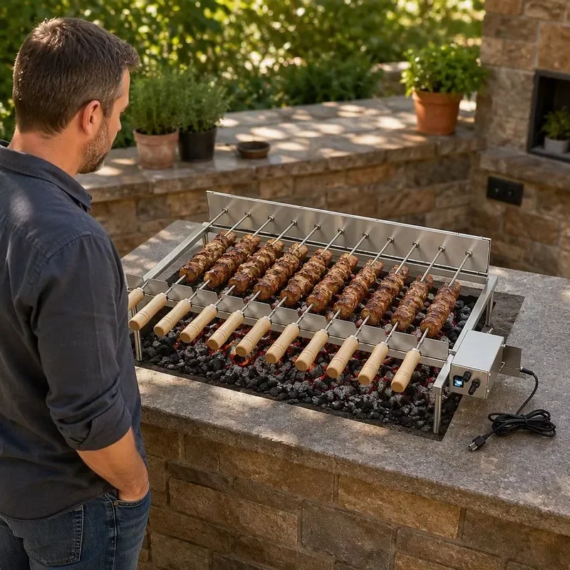 Cyprus Style BBQ Grill Rotisserie Skewers Built-in Top-set Stainless Steel Food Grade Party Adjustable Rotating Speed Trolley