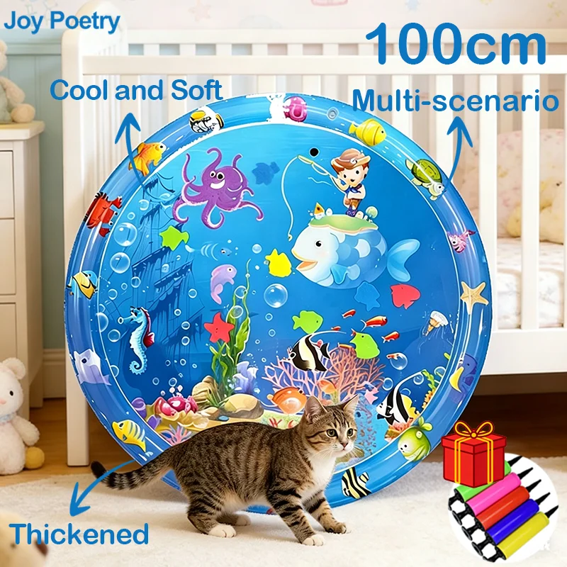 65/100CM Thickened Cat Water Play Mat Dog Playmat Fish Sea Ocean Theme Pet Sensory Playing Crawling Induction Gift Toy