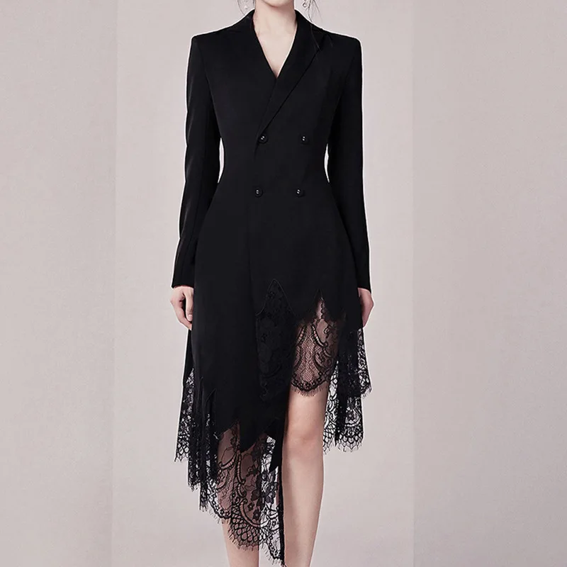 SuperAen 2024 European and American Suit Jacket Black Dress Winter Long Sleeved Lace Patchwork Blazer Dress