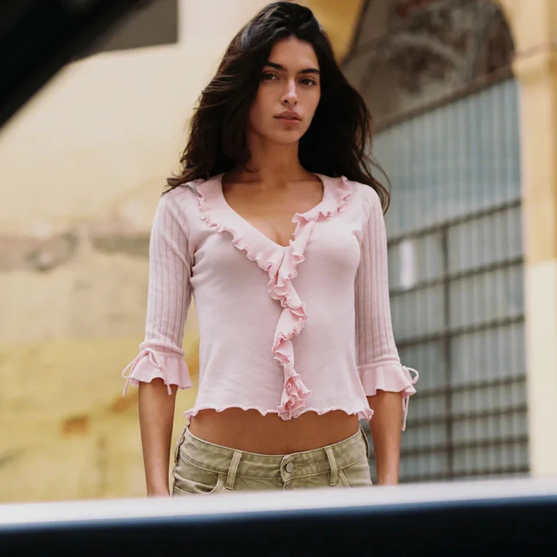 Typhaland Long Sleeve Knitted T shirt Women's Fashion Ruffled V neck Pullover Top Sexy Slim 2026 Summer New Lady Sweater T shirt