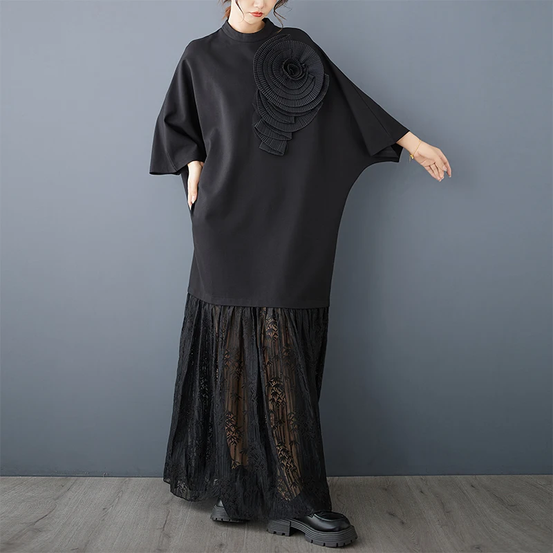 Printemps automne dentelle ample épissage minceur Design sens t-shirt motif de fleur dimensionnel Dr fibre de Polyester a-ligne Midi Dr