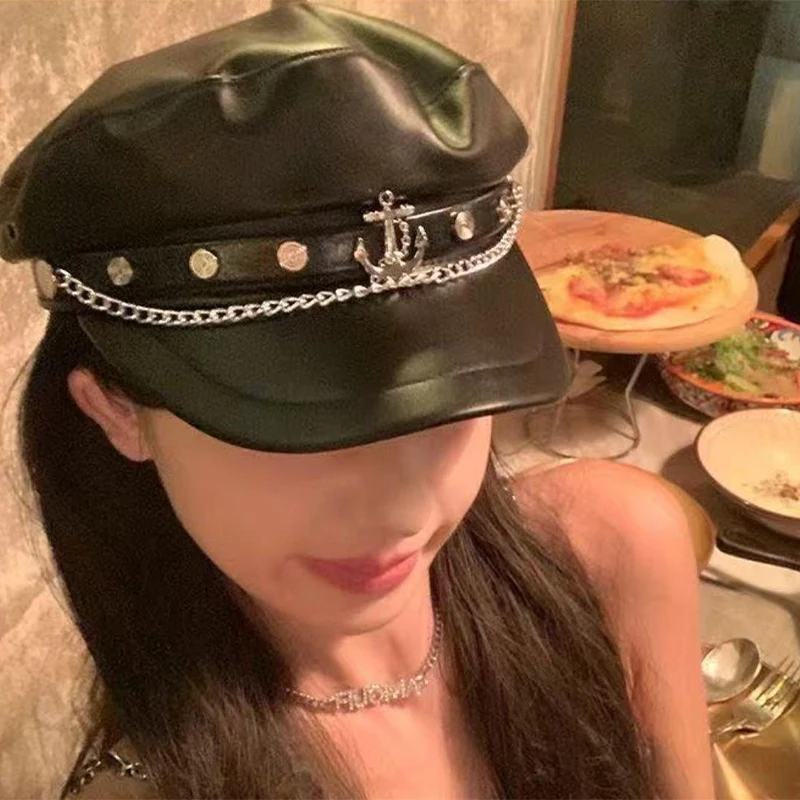 قبعات نسائية عصرية باللون الأسود من جلد البولي يوريثان قبعات مسطحة لموزع الصحف قبعات كلاسيكية واقية من الشمس إنجلترا مسطحة Y2k Gils قبعات بيريه على الطراز الشرير #6