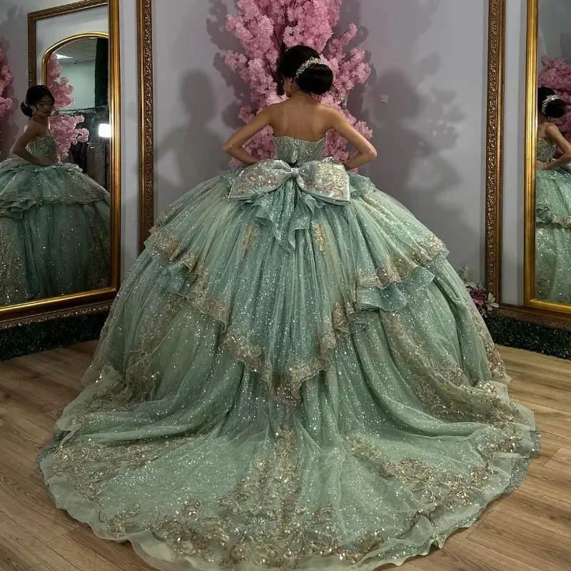 Vestidos De quinceañera verdes con cuentas De cristales, apliques dorados con lazo De encaje, Vestidos De 15 anos para fiesta De cumpleaños, dulce 16 vestido personalizado