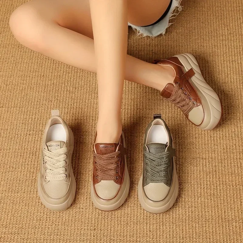 Thick Soled Sports Shoes for Women Fashion Platform Increase Sneakers Female Lace Up Casual British Style Vulcanized Shoes2025