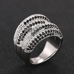 Huitan Hyperbole Wide Rings Women with Black Stone Personality Statement Female Accessories Daily Wear Party New Trendy Jewelry
