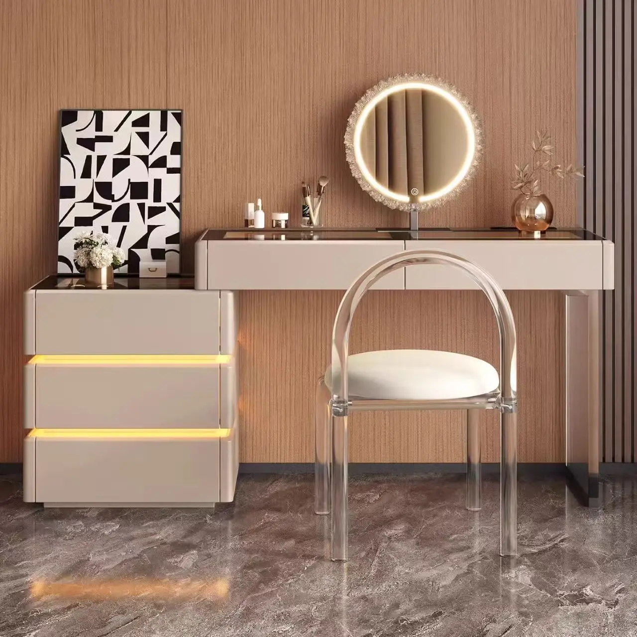 

#Modern Minimalist Dressing Table with Drawers and Chair, Multi-functional Dressing Table for Bedroom Storage.