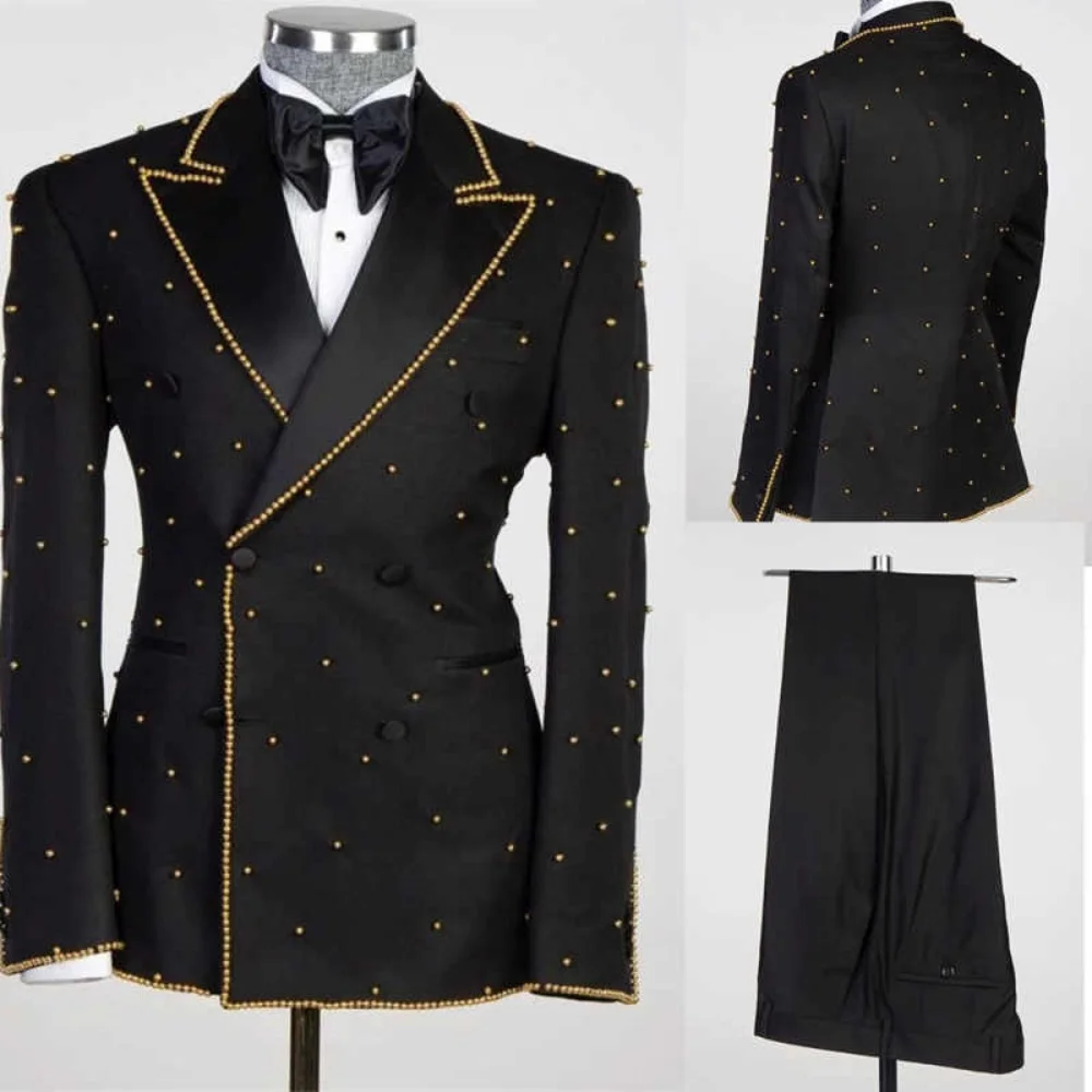 

Modern Beading Men's Suits 2 Pieces Blazer Pants Double Breasted Wedding Groom Tuxedos Formal Evening Party Plus Size Customized