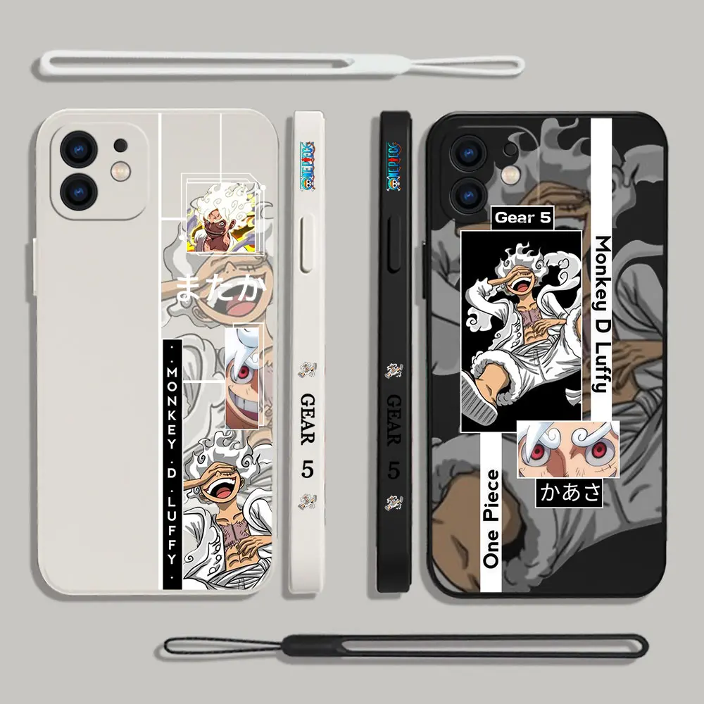 Cartoon Ones Pieces Luffies Gear 5 Phone Case For iPhone 15 14 13 12 11 Pro Max Mini X XR XS SE 2020 8 Plus 6S Plus With Lanyard