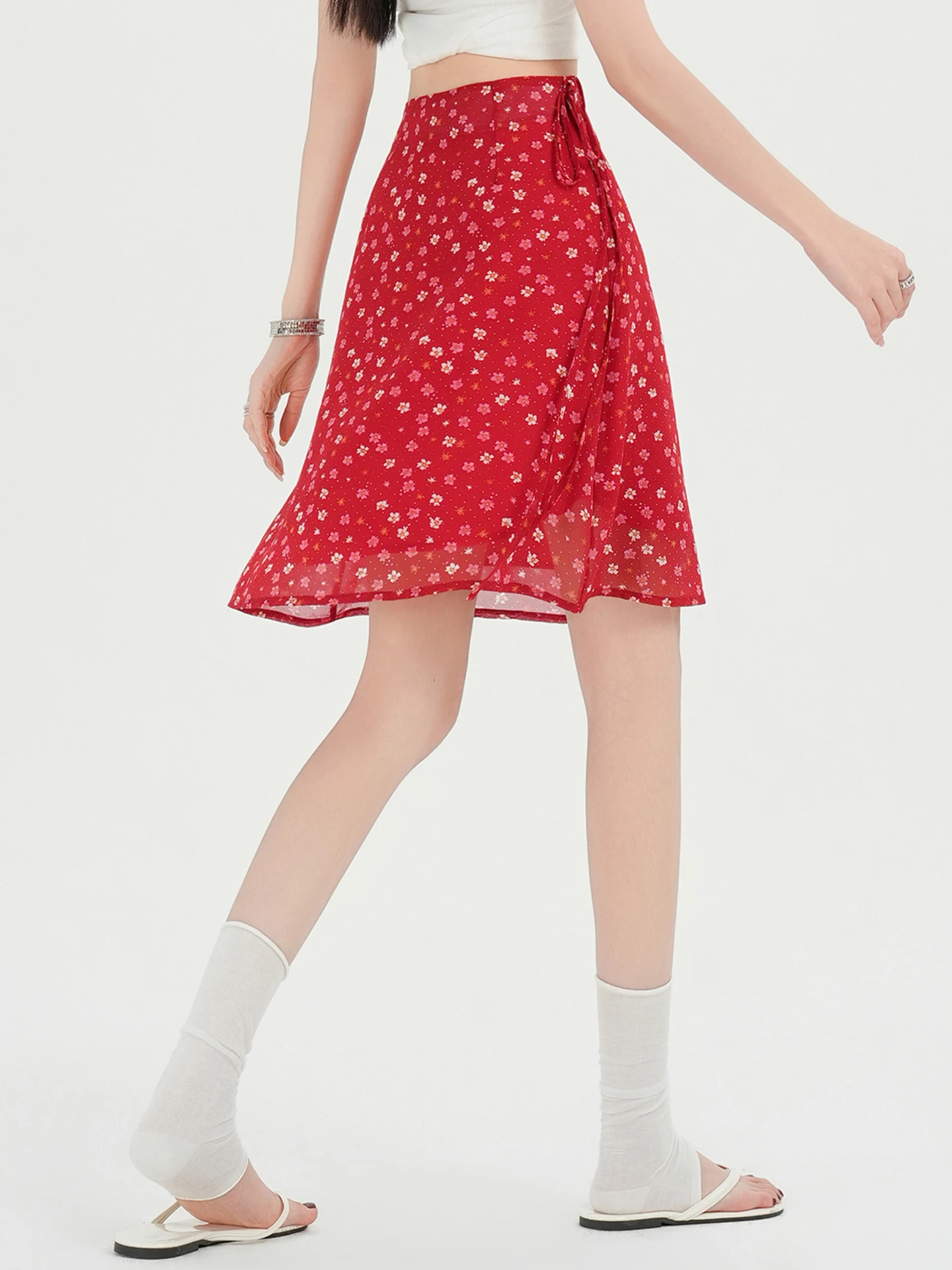 

Retro Red Floral Tie Waist A-Line Skirt Women's Summer Design Sensation Anti-Light High Waist Slimming Skirts