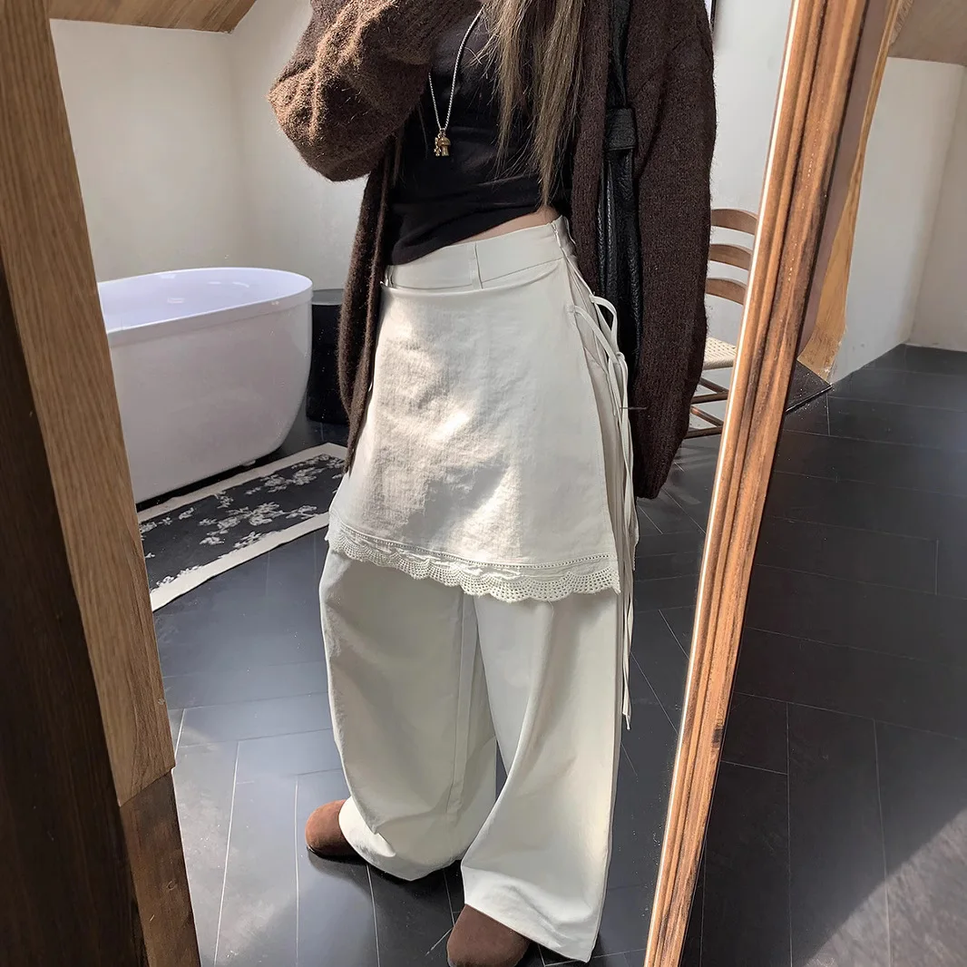 

Design Casual White Fake Two-piece Pants Lace Spliced Strappy Skirt High-waist Straight Wide-leg Pants Spring Autumn Korean