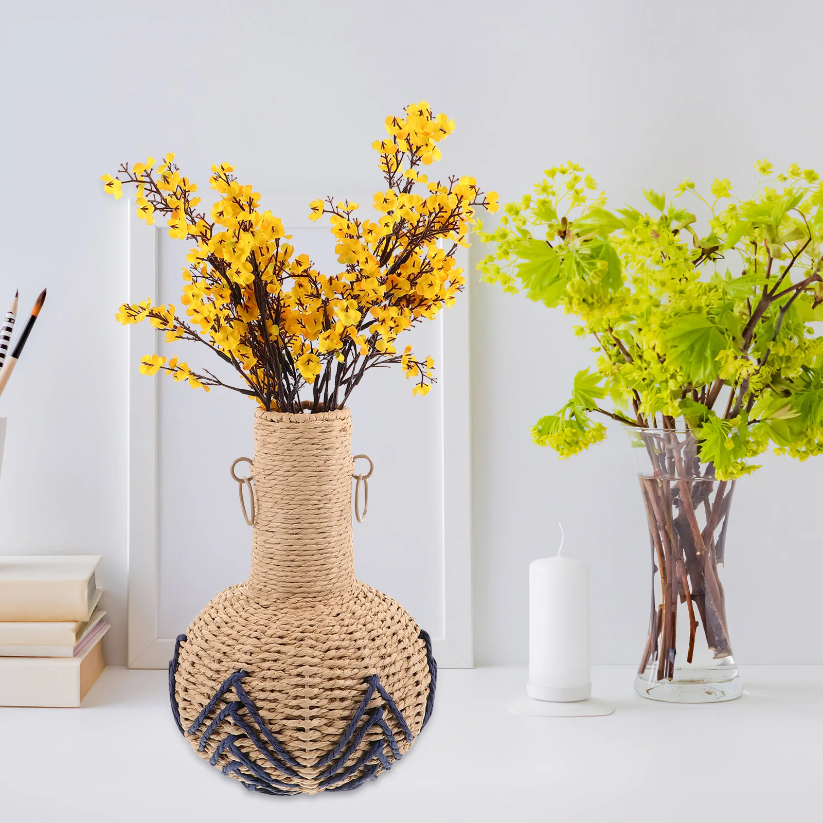 

Handwoven Vase Desktop Plant Decor Rural Decorative Imitation Wicker Blue Braided Basket Office