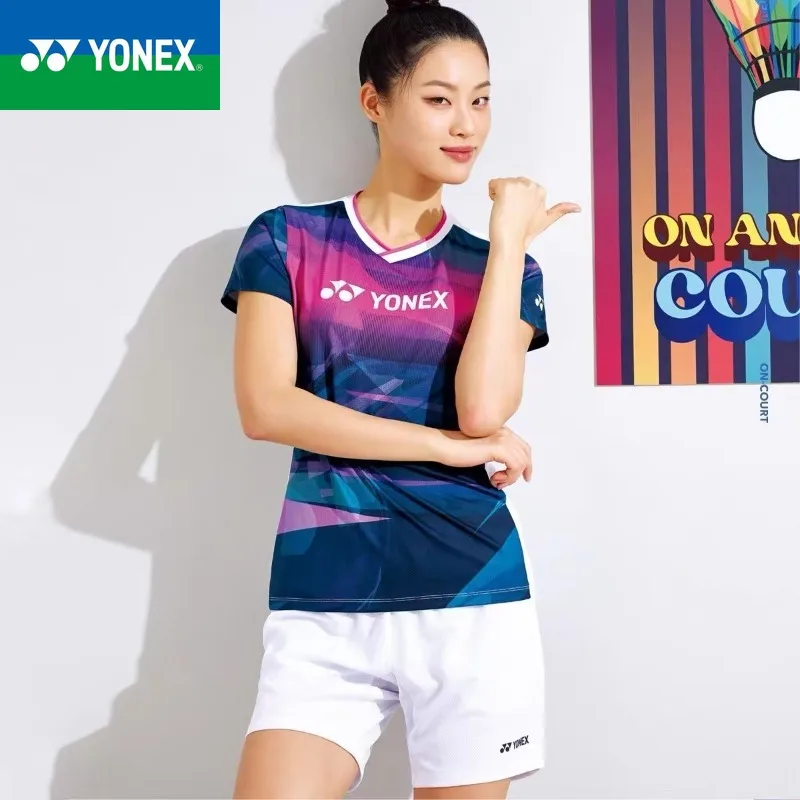 Yonex-قميص تنس الريشة بأكمام قصيرة قابل للتنفس للرجال والنساء ، سطح تظليل هندسي ، سريع الجفاف ، جديد ، صيني