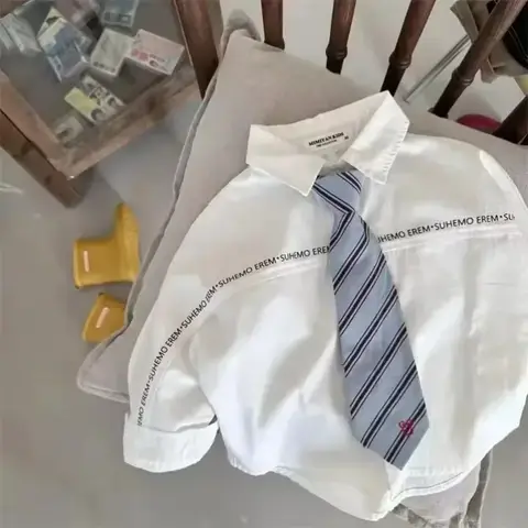 남녀공용 레터 타이 긴팔 셔츠, 아기 아카데미 스타일, 심플한 화이트 셔츠, 2024 용수철 가을 트렌드, 신상
