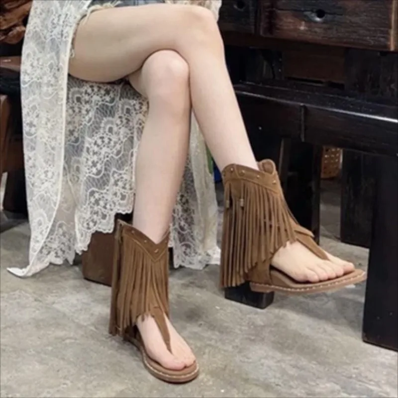 New Fashion Studded Sandals Women's Shoes Flip Flops Low Heel Tassel Summer Roman Shoes Luxury Corrective Toe Clip Boots