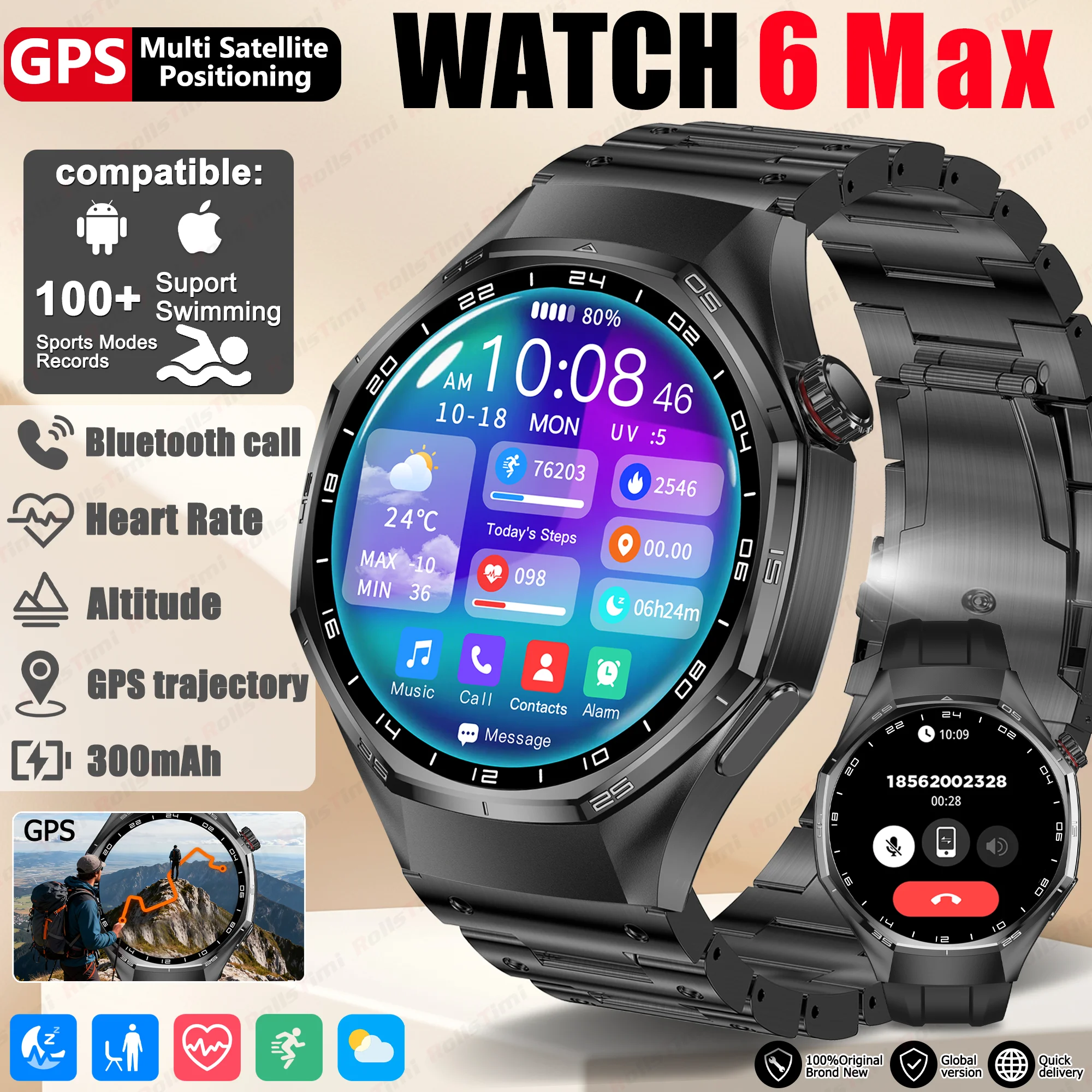 

2025 Мужские умные часы с GPS-трекером и 1,5-дюймовым HD-экраном, мониторинг высоты и давления, Bluetooth-вызов, водонепроницаемые спортивные умные часы