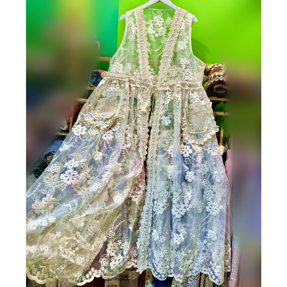 Women Vintage Ruffled Lace Transparent Sleeveless Long Dress Retro Chic Mori Girl Sweet Victorian Rococo Edwardian Midi Dress