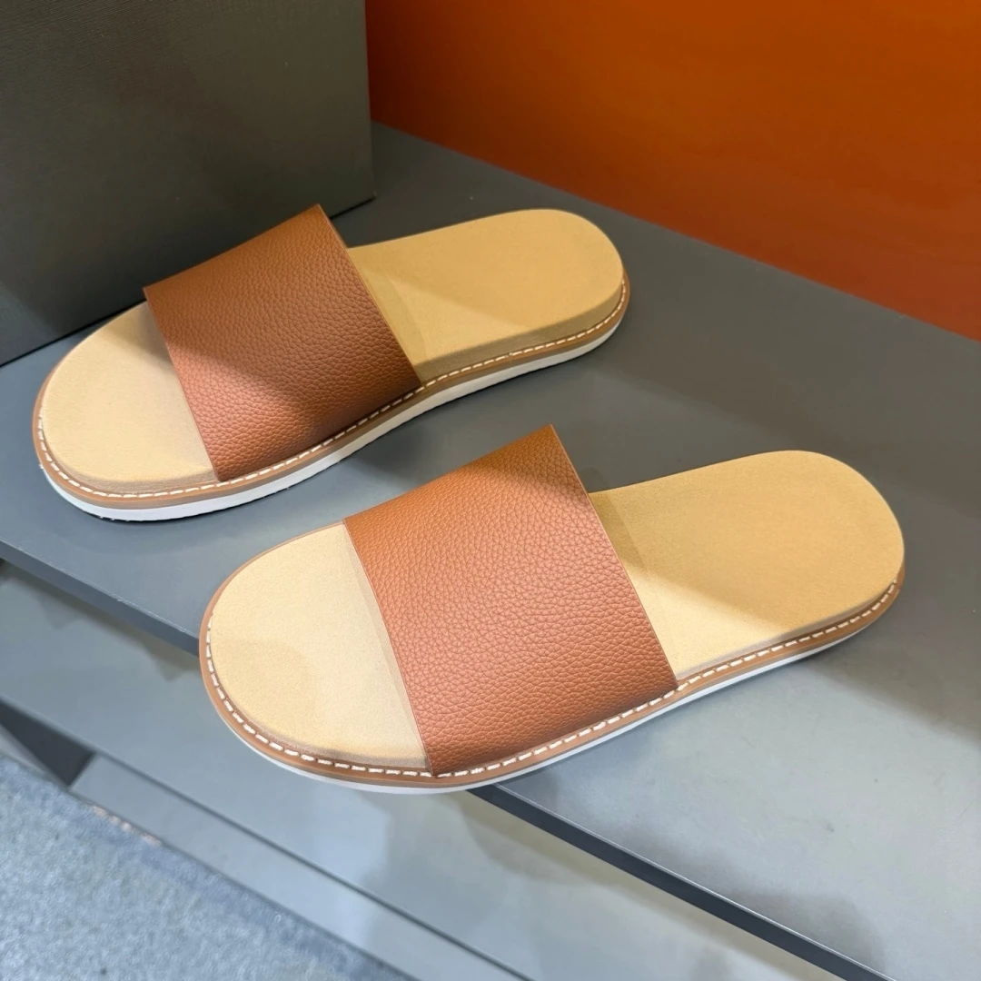 

Luxury Brand Men's Shoes Handmade Fashion Sandals House Slippers Beach Garden Outdoor Slides Litchi-grain Cowhide Holiday Gifts
