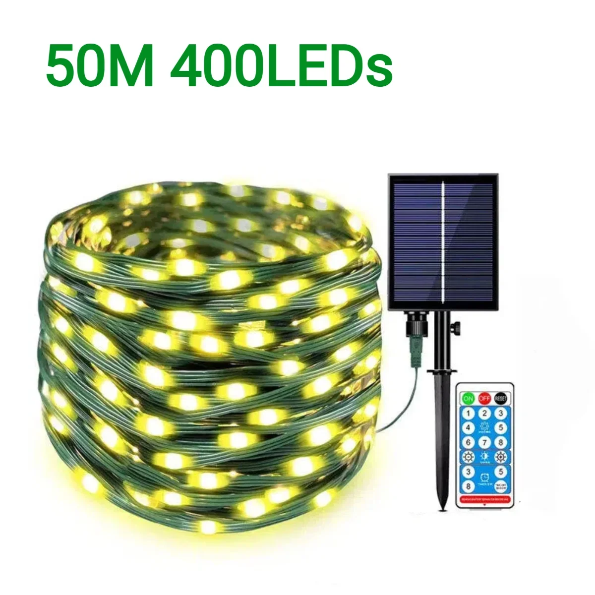 Panel Solar para exteriores, cadena de luces LED, cable cubierto de goma, alta calidad, resistente al agua, 50M-10M con 8 modos para Festival de Navidad