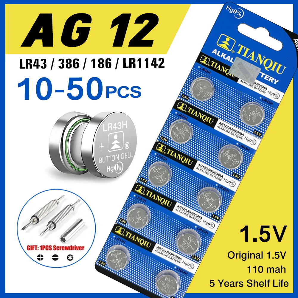 

Original TIANQIU AG12 L1142 LR43 301 386 1.5V Lithium Batteries Environmental Protection Button Battery for Watch Battery Remote