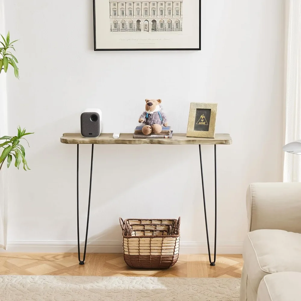 

Wall-Mounted Side Console Sofa Table Industrial Natural Wood Table for Entryway Living Room with Two Iron Feet