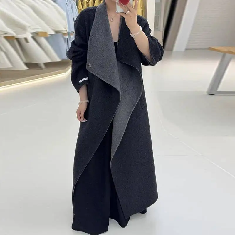 FANAN Two-Tone Lace-Up Waist-Cinching Design Drop Shoulder Long Sleeve Double-Sided Wool Coat Women's Korean Chic New Winter