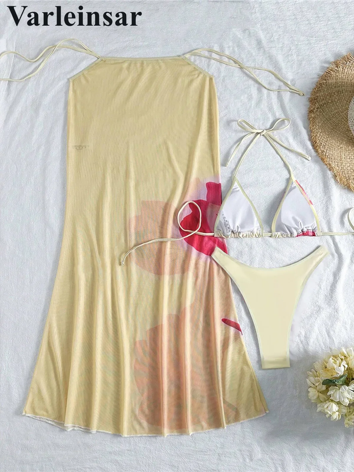 XS - L Mit Cover Up Blumen Neckholder Bikini Weiblichen Badeanzug Frauen Bademode Drei-stück Bikini set Badende Badeanzug schwimmen V6800