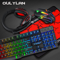 Oulylan T-WOLF 4 in 1 Keyboard Mouse Headset Set Mouse Pad Wired Game Home Office Set Computer Accessories Luminous Keyboards