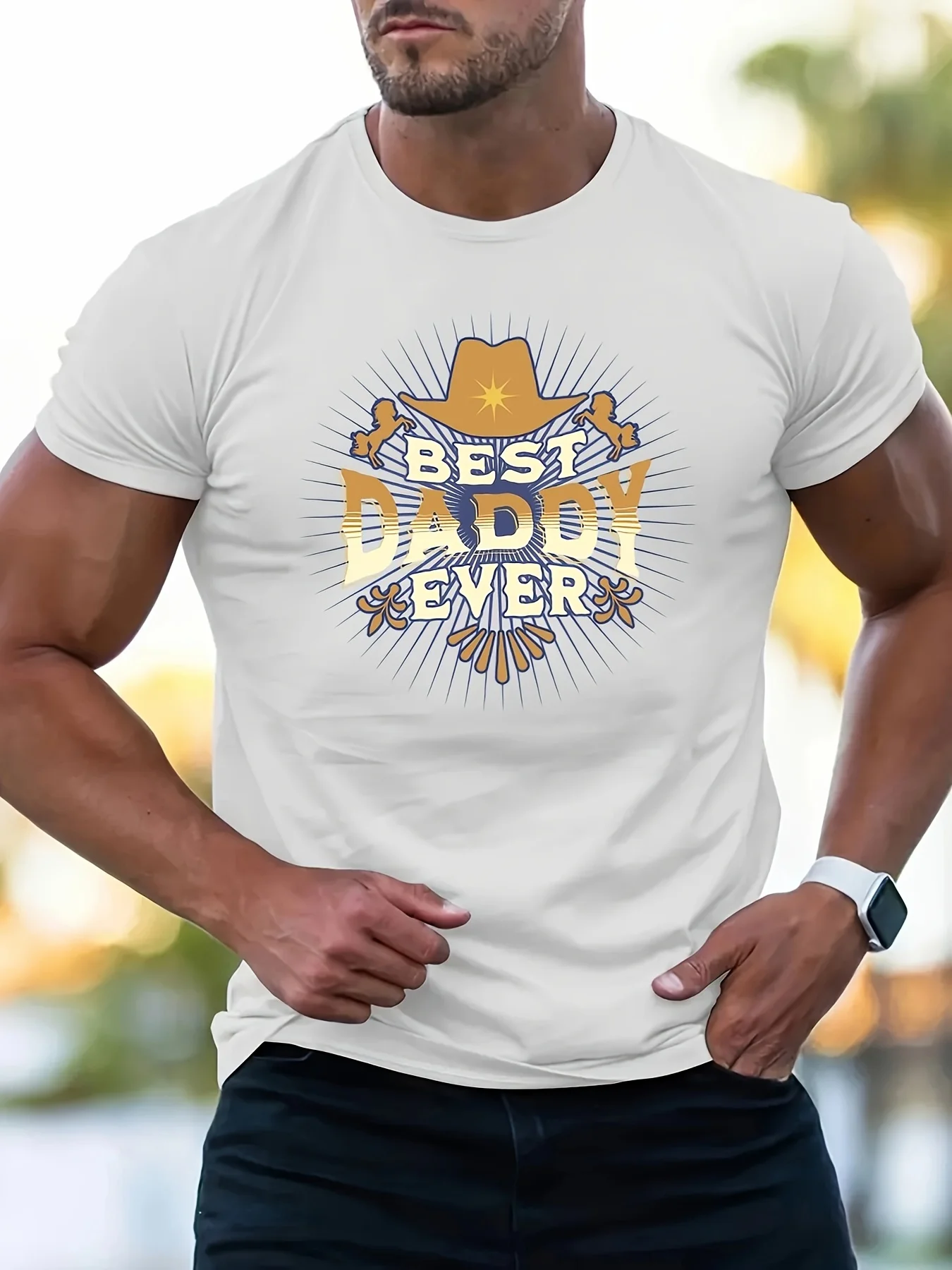 Best Daddy Ever Denim Hat Print Heavy Cotton Short Sleeve Casual Fashionable Comfortable Breathable Lightweight Summer Top