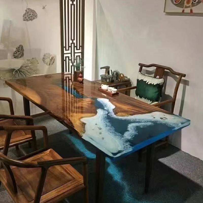 

Большие синие 3D-столешницы из массива дерева с эпоксидной смолой для ресторанов