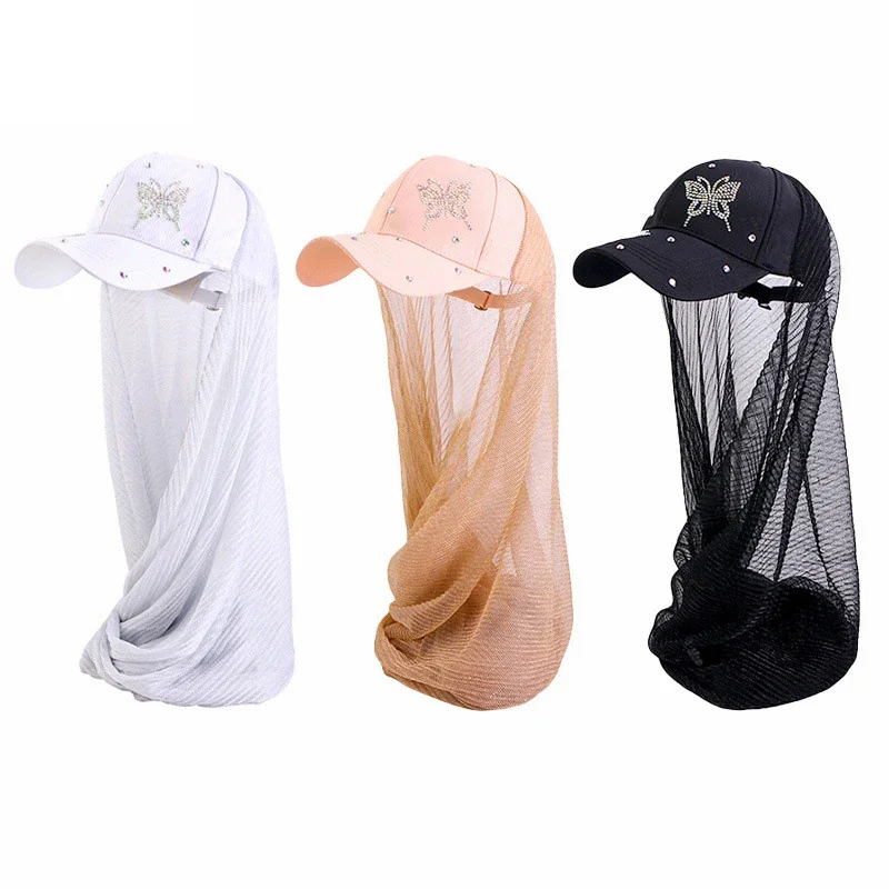 Musilm feminino hijab com base bola boné diamantes borboleta verão esportes boné com hijabs pronto para usar esporte instantâneo hijabs verão