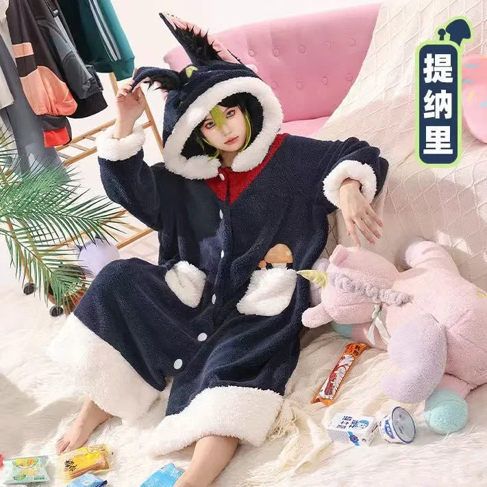 Genshin Impact Cosplay Pajamas Cute Plush Bathrobe Anime Tartaglia Xiao Zhongli Ganyu Scaramouche Winter Hoodie Thick Nightgown