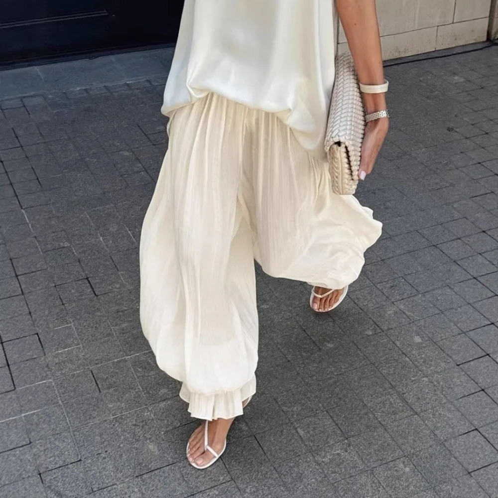 

Y2k Bubble Pleated Balloon Pants for Women Side Slit Thin Harem Pants Elastic High Waist Flowy Baggy Pants Women Wear