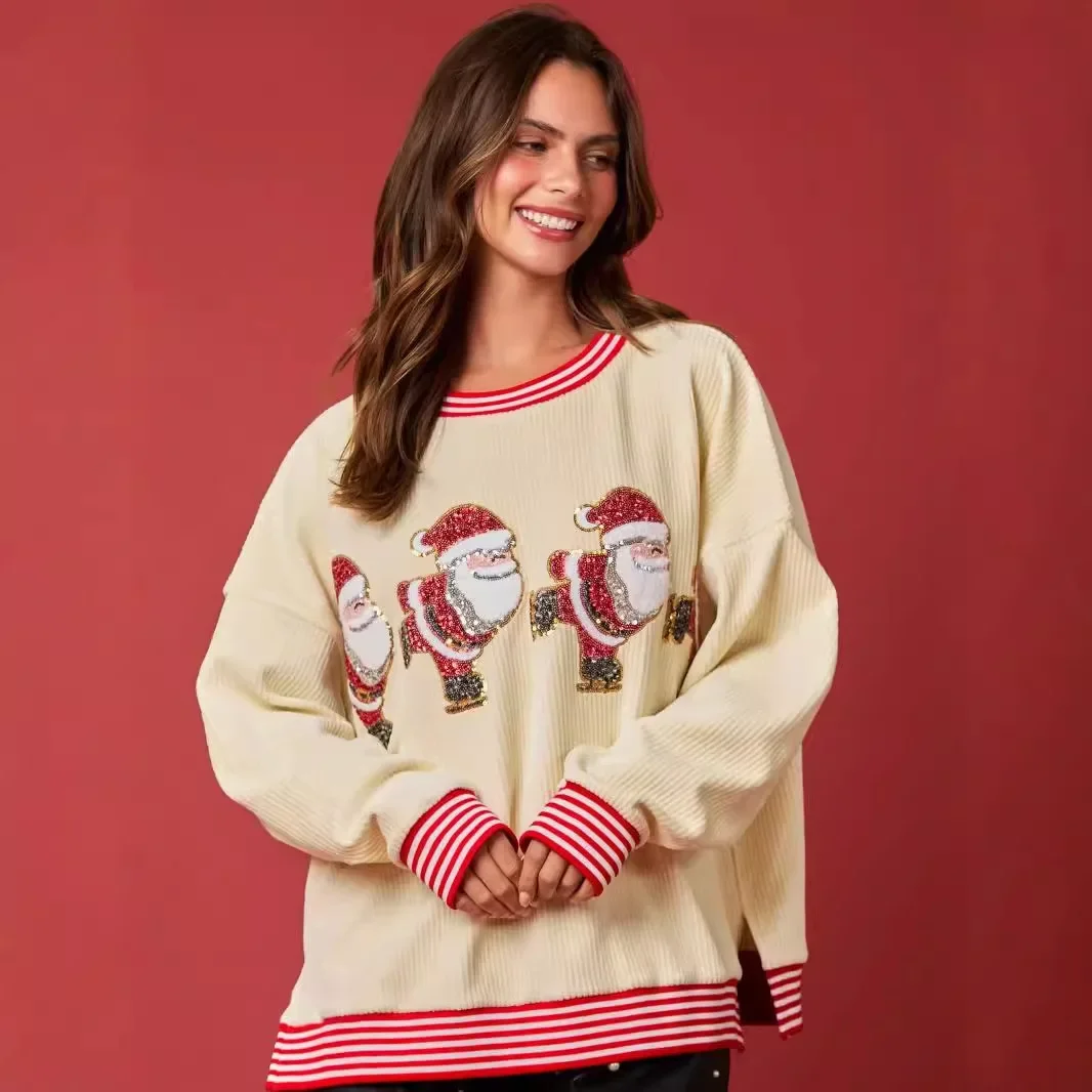 

Модная толстовка с круглым вырезом, женская одежда, блестки, Рождество, Санта-Клаус, катание на коньках, свободные полосатые боковые толстовки с длинными рукавами