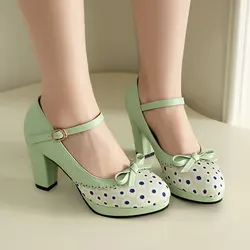 Big Size 47 48 46 Women Shoes Polka Dot Flower Print Closed Toe Lolita Sweet Pumps Block High Heels Platform Mary Janes Pumps