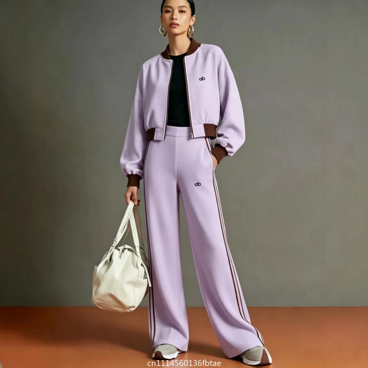 Women Side Striped 2 Piece Outfit Crop Zipper Jacket Wide Leg Pants Set Contrast Color Casual Tracksuit Autumn Matching Suit