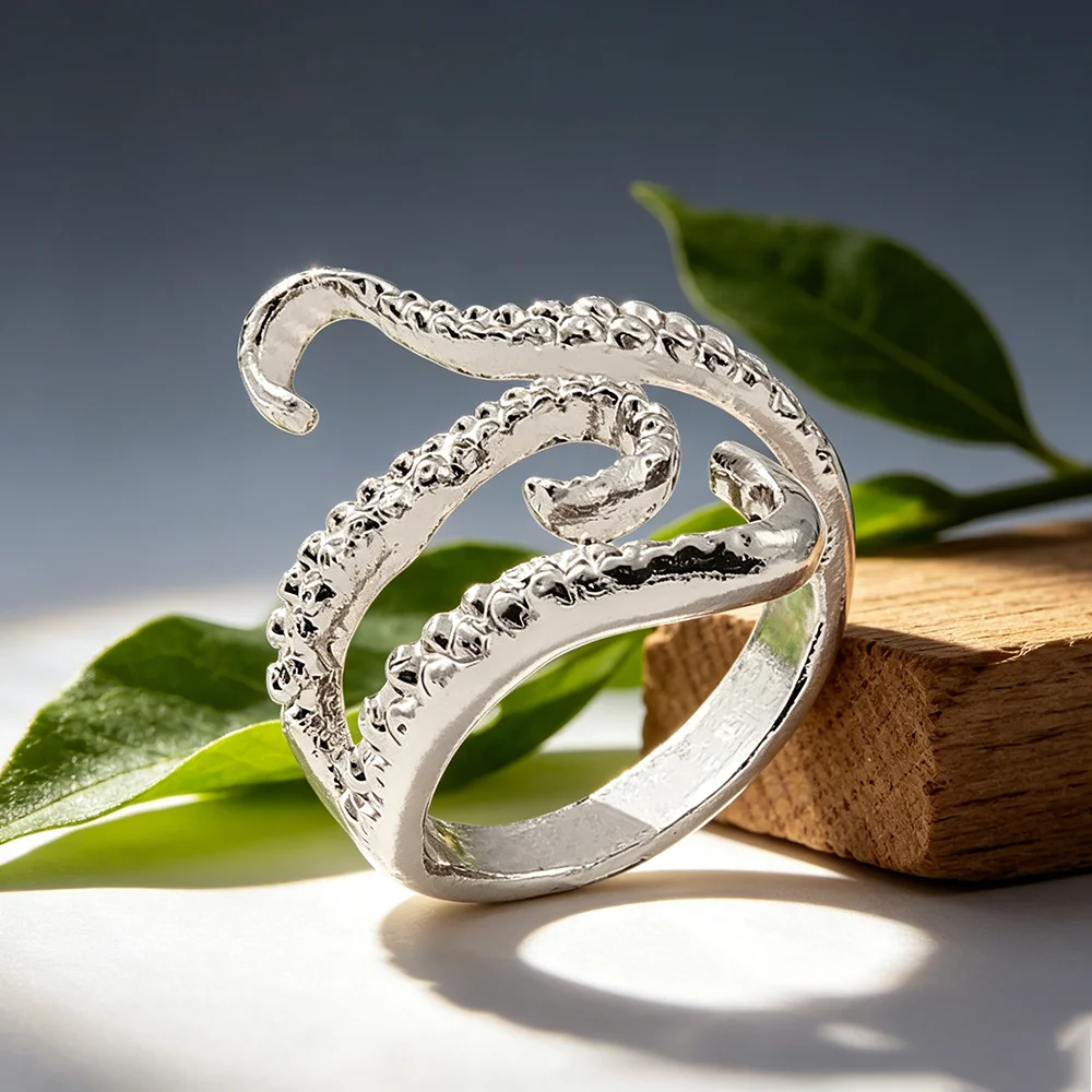 Adjustable Octopus Tentacle Ring, Silver Plated Ocean Gothic Jewelry, Open Wrap Sea Animal Statement Ring for Men Women