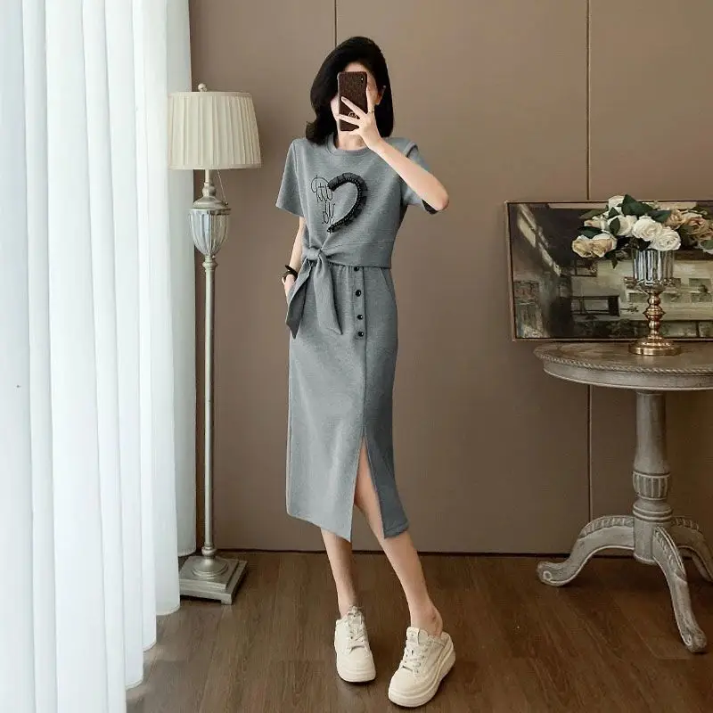 Women Summer Casual Sproty Style Short T Shirts Split Skirts Two Piece Set Lady Gray Heart Letter Tops Midi Skirt Outfits 2025
