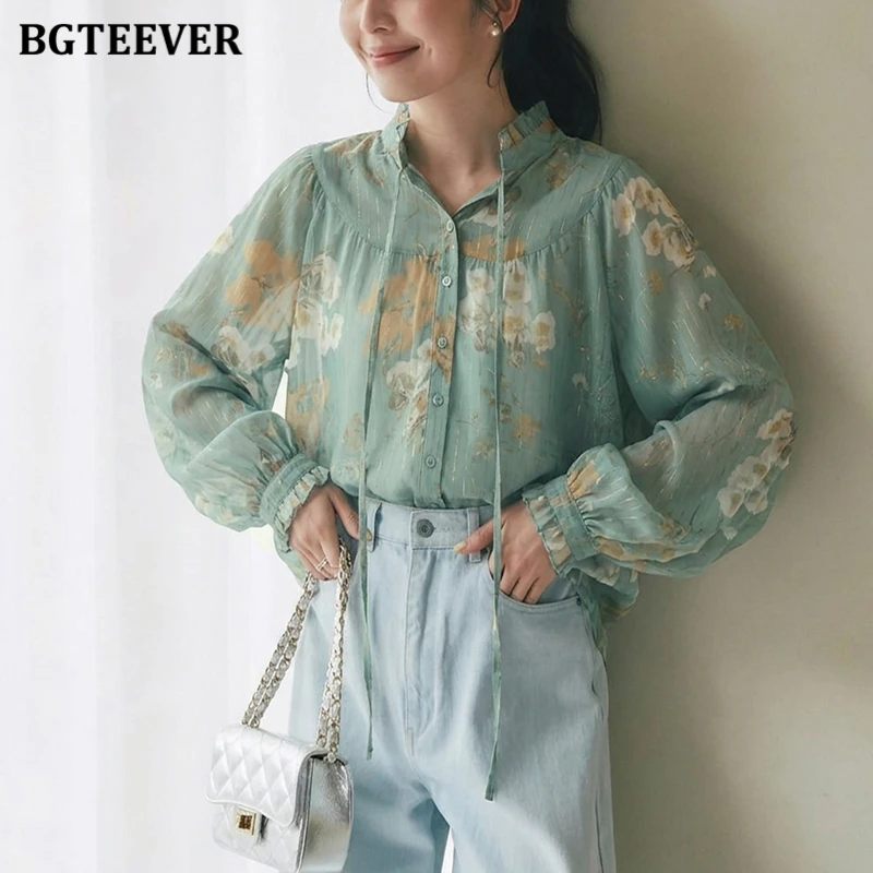 

BGTEEVER Ruffles Printed Shirt For Women New Lace Up Blouse Tops Female