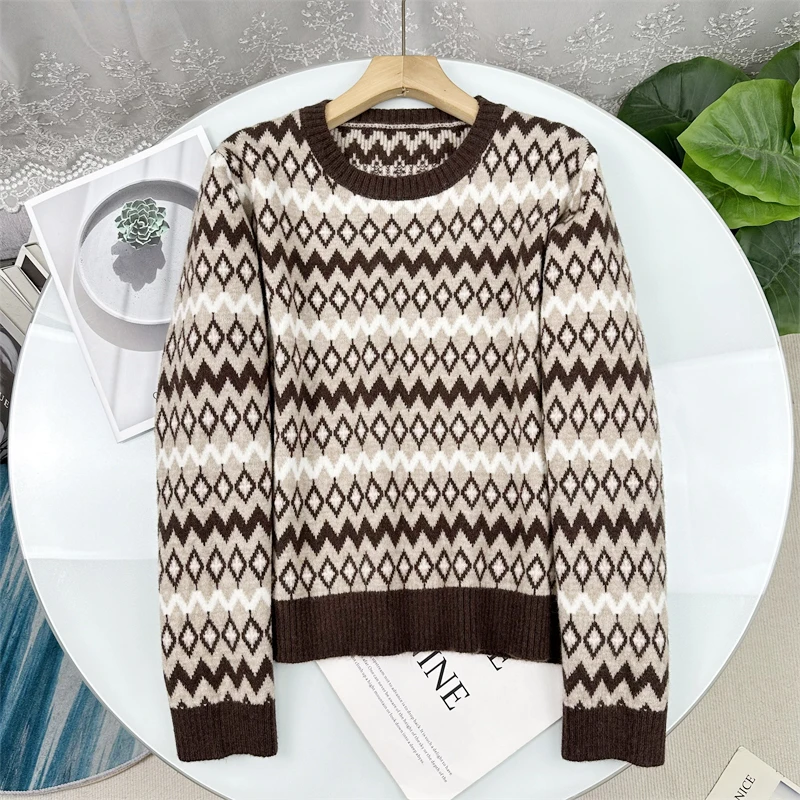 

Свободный вязаный свитер с круглым вырезом для женщин, повседневный стиль, с длинными рукавами, флисовая вышивка, модный топ для осеннего сезона