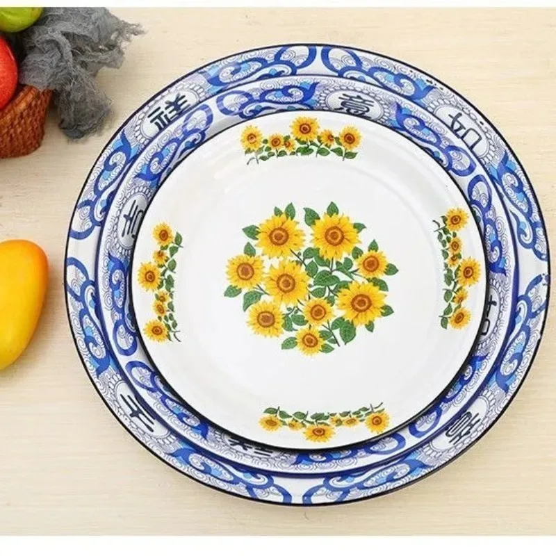Vintage Enamel Tea Tray Multifunctional Dim Sum Fruit Nut Serving Plate Enamel Kitchenware with Various Patterns for Home Use