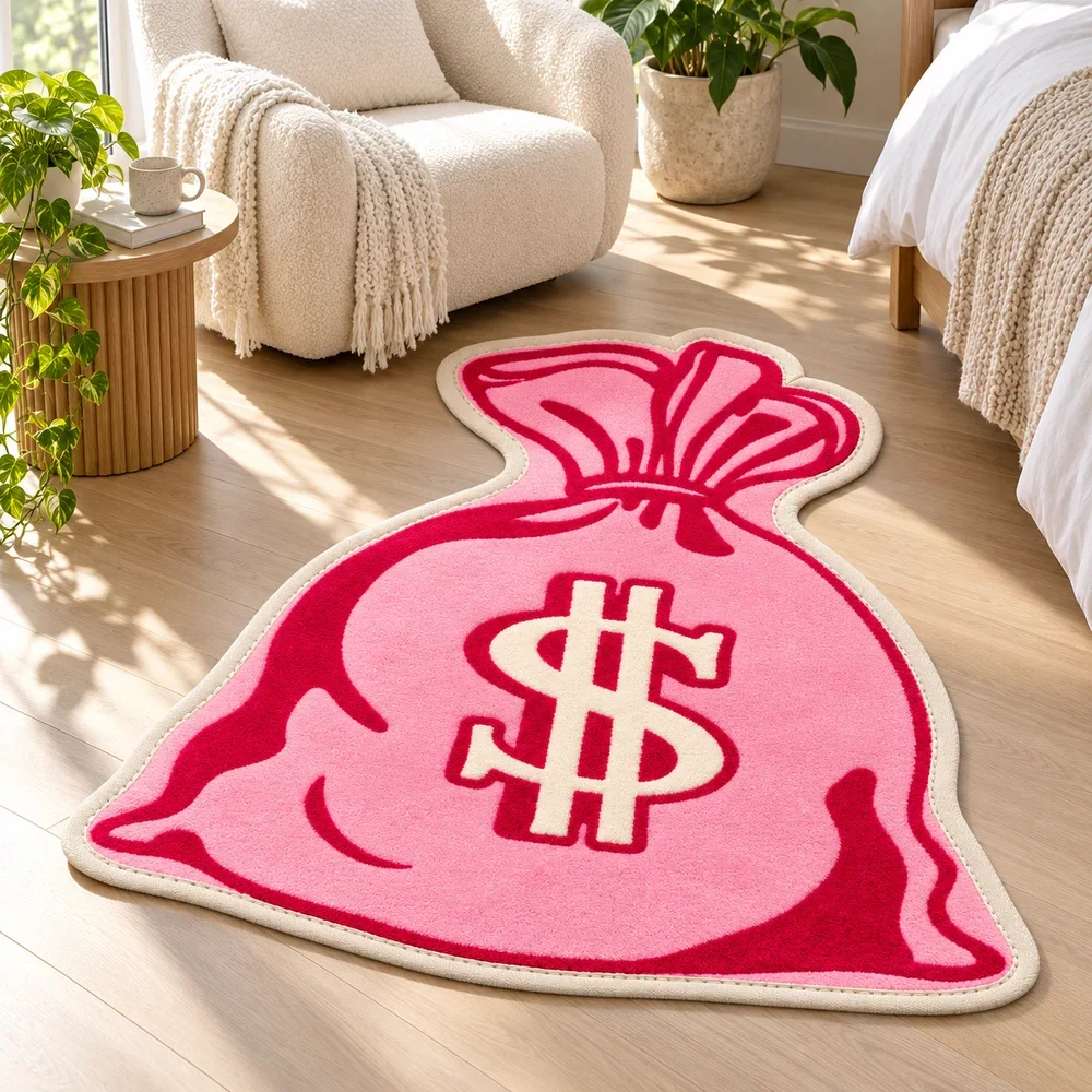 Pink Money Bag Floor Mat with Dollar Sign, Soft Flannel Non Slip Accent Rug for Bedroom Living Room Entryway Modern Decor
