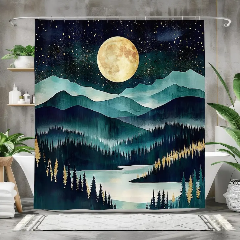 Nordic Abstract Landscape Moonlit Mountain Shower Curtain, Waterproof Fabric Bath Curtain, Gold and Teal Nature Bathroom Decor