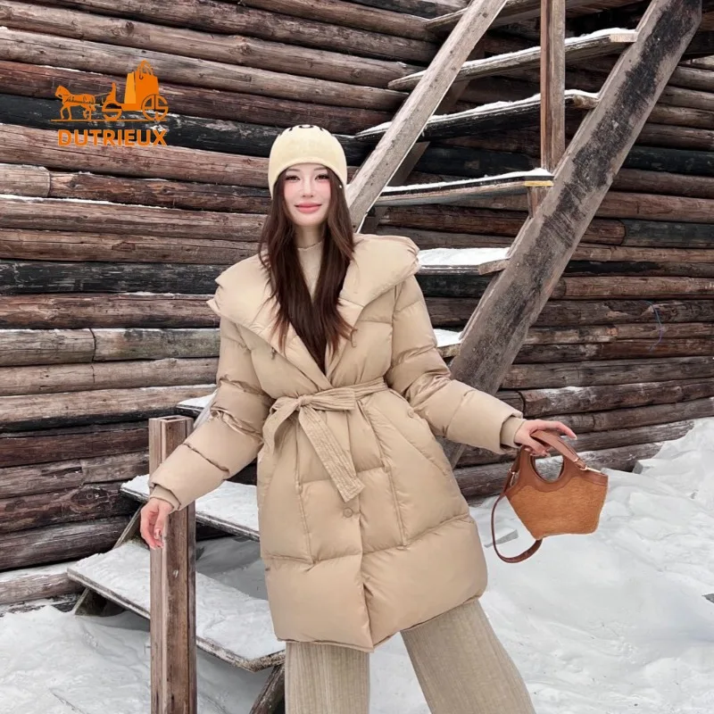 New Winter Down Jacket for Women Long Hooded Winter Wear 90% White Duck Down Jacket with Belt Thick Warm Jacket for Women